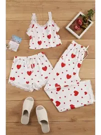 Bella Notte Pamuklu 3 Parça Kalp Desenli Pijama Takımı Bella Notte 7707