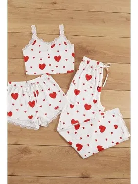 Bella Notte Pamuklu 3 Parça Kalp Desenli Pijama Takımı Bella Notte 7707 - Alternatif Görünüm
