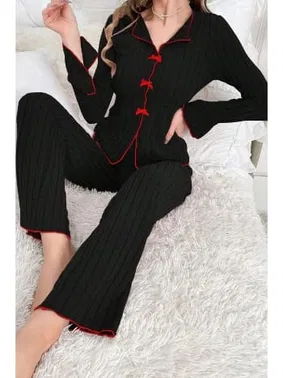 Bella Notte Uzun Kollu Pamuklu Kırmızı Fiyonklu Pijama Takımı Bella Notte 7143