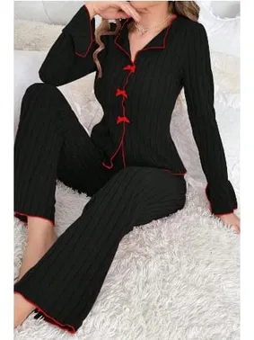 Bella Notte Uzun Kollu Pamuklu Kırmızı Fiyonklu Pijama Takımı Bella Notte 7143 - Alternatif Görünüm