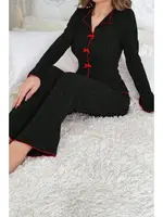 Uzun Kollu Pamuklu Kırmızı Fiyonklu Pijama Takımı Bella Notte 7143 Siyah görsel 4