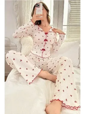 Bella Notte Kiraz Desenli Pamuklu Kurdelalı Pijama Takımı Bella Notte 7135