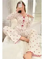 Kiraz Desenli Pamuklu Kurdelalı Pijama Takımı Bella Notte 7135 Kırmızı