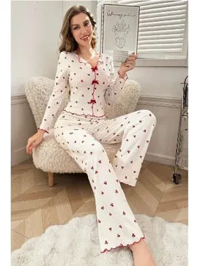 Bella Notte Kiraz Desenli Pamuklu Kurdelalı Pijama Takımı Bella Notte 7135 - Alternatif Görünüm
