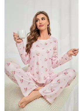 Bella Notte Pembe Çiçek Desenli Bisiklet Yaka Pijama Takımı Bella Notte 7131