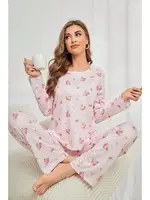 Pembe Çiçek Desenli Bisiklet Yaka Pijama Takımı Bella Notte 7131 Pembe