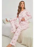 Pembe Çiçek Desenli Bisiklet Yaka Pijama Takımı Bella Notte 7131 Pembe detay görünüm