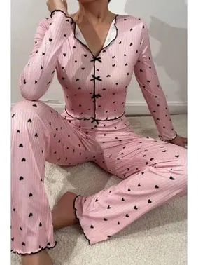 Bella Notte Uzun Kollu Pembe Fiyonklu Kalpli Kadın Pijama Takımı Bella Notte 7171