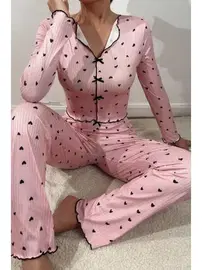 Bella Notte Uzun Kollu Pembe Fiyonklu Kalpli Kadın Pijama Takımı Bella Notte 7171
