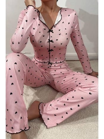 Uzun Kollu Pembe Fiyonklu Kalpli Kadın Pijama Takımı Bella Notte 7171