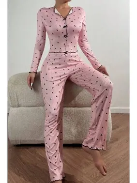 Bella Notte Uzun Kollu Pembe Fiyonklu Kalpli Kadın Pijama Takımı Bella Notte 7171 - Alternatif Görünüm