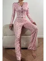 Uzun Kollu Pembe Fiyonklu Kalpli Kadın Pijama Takımı Bella Notte 7171 Pembe detay görünüm