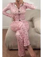 Uzun Kollu Pembe Fiyonklu Kalpli Kadın Pijama Takımı Bella Notte 7171 Pembe farklı açı