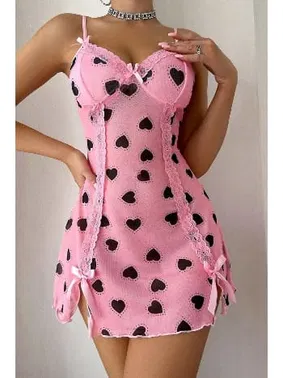 Bella Notte Pembe Kalp Desenli Yırtmaçlı Mini Gecelik Bella Notte 15923