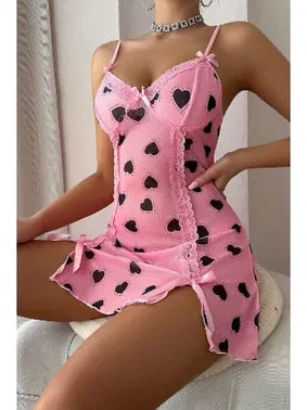 Bella Notte Pembe Kalp Desenli Yırtmaçlı Mini Gecelik Bella Notte 15923 - Alternatif Görünüm