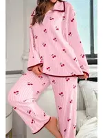 Bella Notte Pembe Kiraz Baskılı Cotton Pijama Takımı 77017 detay görünüm