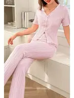 Pamuklu Önden Yırtmaçlı Pembe Pijama Takımı Bella Notte 7151 Pembe farklı açı