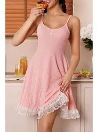 Bella Notte Patchwork Tasarım Kloş Askılı Pembe Gecelik Bella Notte 15969