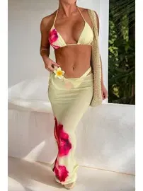 Bella Notte Sarı Çiçek Detaylı Pareolu 3 Parça Bikini Takımı Bella Notte M-9021