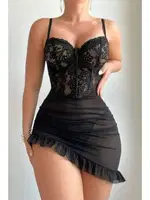 Asimetrik Kesim Fırfırlı Transparan Gecelik Bella Notte 15925 Siyah detay görünüm