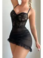 Asimetrik Kesim Fırfırlı Transparan Gecelik Bella Notte 15925 Siyah farklı açı