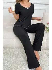 Bella Notte Bisiklet Yaka Pamuklu Siyah Yazlık Kadın Pijama Takımı Bella Notte 7343