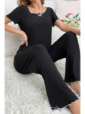 Bella Notte Bisiklet Yaka Pamuklu Siyah Yazlık Kadın Pijama Takımı Bella Notte 7343 - Alternatif Görünüm