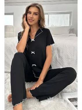 Bella Notte Siyah Kısa Kollu Fiyonk Detaylı Pamuklu Pijama Takımı Bella Notte 7105