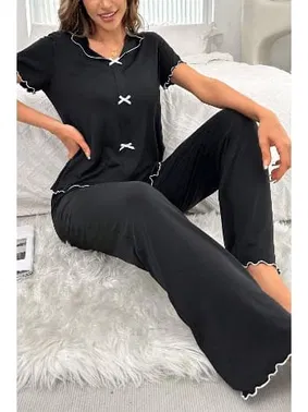 Bella Notte Siyah Kısa Kollu Fiyonk Detaylı Pamuklu Pijama Takımı Bella Notte 7105 - Alternatif Görünüm