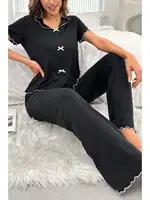 Siyah Kısa Kollu Fiyonk Detaylı Pamuklu Pijama Takımı Bella Notte 7105 Siyah detay görünüm