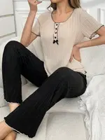 Kısa Kollu Kurdelalı Geniş Fitilli Siyah Kadın Pijama Takımı Bella Notte 7153 Siyah