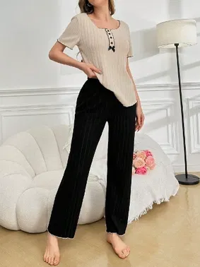 Bella Notte Kısa Kollu Kurdelalı Geniş Fitilli Siyah Kadın Pijama Takımı Bella Notte 7153 - Alternatif Görünüm