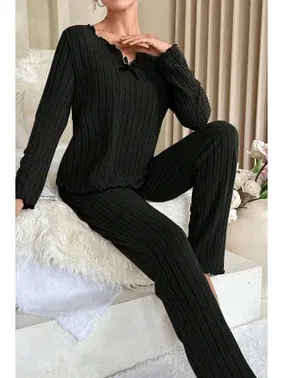 Bella Notte Geniş Fitilli Siyah Uzun Kollu Pijama Takımı Bella Notte 7127 - Alternatif Görünüm