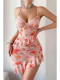 Bella Notte Çiçek Baskılı Fırfırlı Asimetrik Kesim Kadın Gecelik Bella Notte 15957