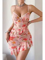 Çiçek Baskılı Fırfırlı Asimetrik Kesim Kadın Gecelik Bella Notte 15957 Somon