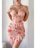 Çiçek Baskılı Fırfırlı Asimetrik Kesim Kadın Gecelik Bella Notte 15957 Somon detay görünüm