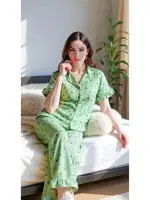 Gömlek Yaka Çiçekli Yaz Esintili Pijama Takımı Bella Notte 7345 Yeşil