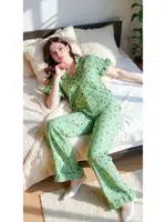 Gömlek Yaka Çiçekli Yaz Esintili Pijama Takımı Bella Notte 7345 Yeşil detay görünüm