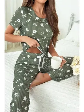 Bella Notte Yeşil Fitilli Floral Kısa Kollu Pijama Takımı Bella Notte 7303