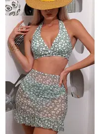 Bella Notte Yeşil Mini Papatya Desenli Etekli 3 lü Mayo Bikini Takım Bella Notte M-9013