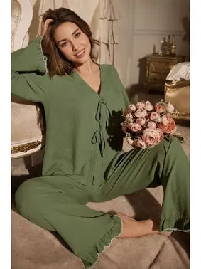 Bella Notte Yeşil Önden Bağlamalı V Yaka Pijama Takımı Bella Notte 7179