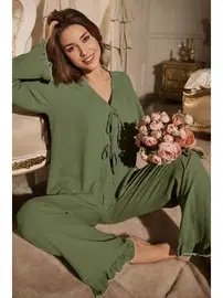 Bella Notte Yeşil Önden Bağlamalı V Yaka Pijama Takımı Bella Notte 7179
