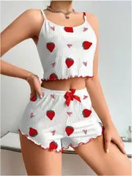 Lily Bianca Beyaz Çilekli Askılı Şort Takım Lily Bianca 13014