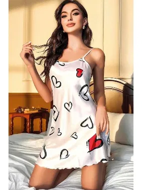 NightLight Beyaz Kalp Desenli Saten Mini Fantazi Gecelik NightLight 3646