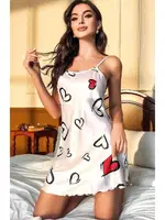 Beyaz Kalp Desenli Saten Mini Fantazi Gecelik NightLight 3646 Beyaz