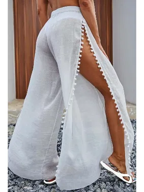 Angelsin Beyaz Ponponlu Yırtmaç Detaylı Plaj Pantolonu Pareo Angelsin MS 4415 - Alternatif Görünüm