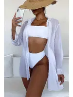 Beyaz şifon Gömlek Plaj Elbisesi Pareo Kimono Kaftan Angelsin MS 4357 Beyaz