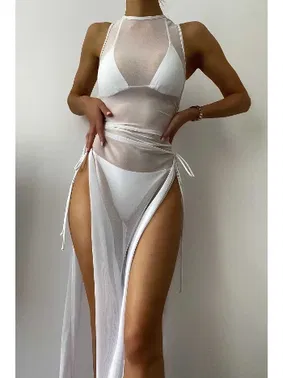 Angelsin Beyaz Tül Pareo Siyah Plaj Elbisesi Angelsin MS 4402