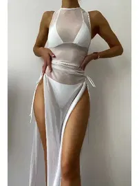 Angelsin Beyaz Tül Pareo Siyah Plaj Elbisesi Angelsin MS 4402