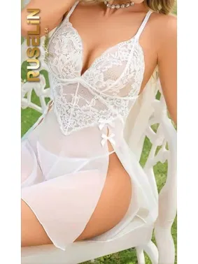 Ruselin Beyaz Yırtmaçlı Dantel Seksi Fantezi Tül Dantel Gecelik Ruselin 2202
